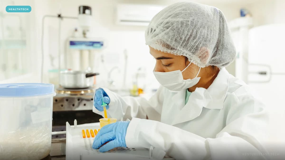 Lab scientist in a hairnet, mask and blue gloves pipetting yellow liquid into sample tubes