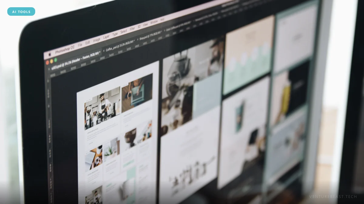 Close-up of a monitor showing a photo editor with a grid of website layout mockups