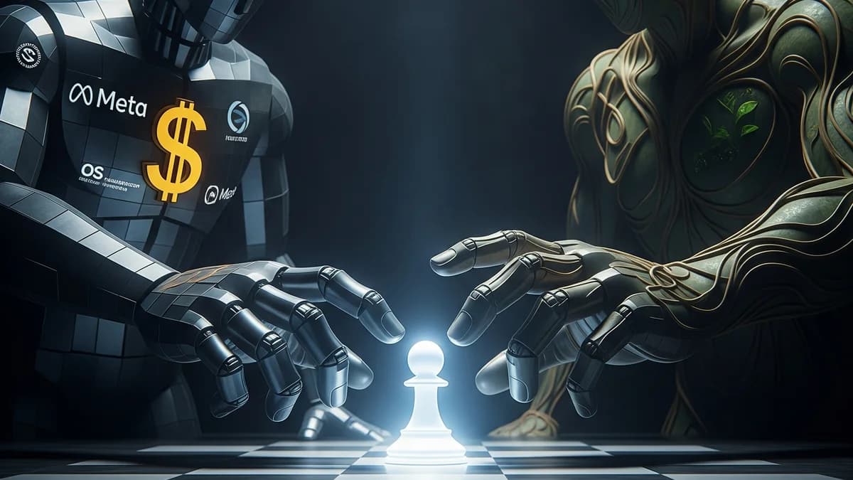 Digital art of a robot with a Meta logo and dollar sign and a vine-covered figure both reaching for a glowing chess pawn