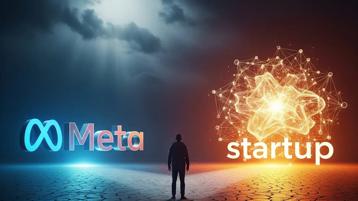Lone figure stands between a glowing blue Meta logo and an orange neural-network burst labeled startup