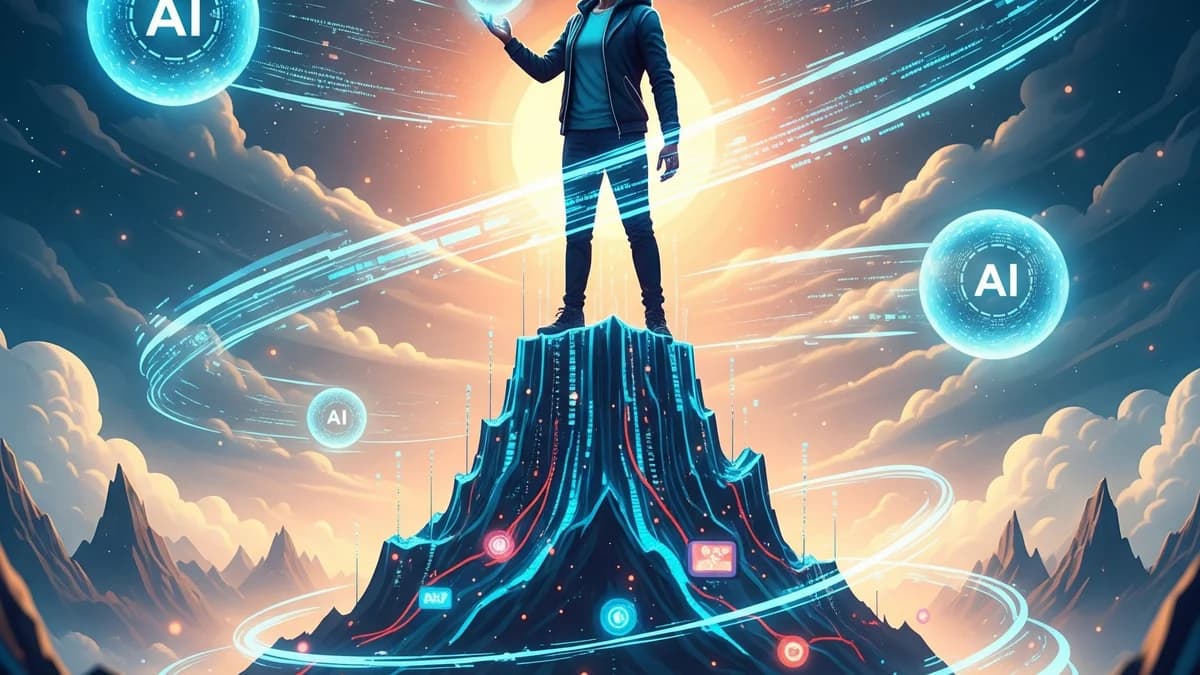 Digital illustration of a person on a circuit-lined mountain peak holding a glowing orb, surrounded by floating AI spheres