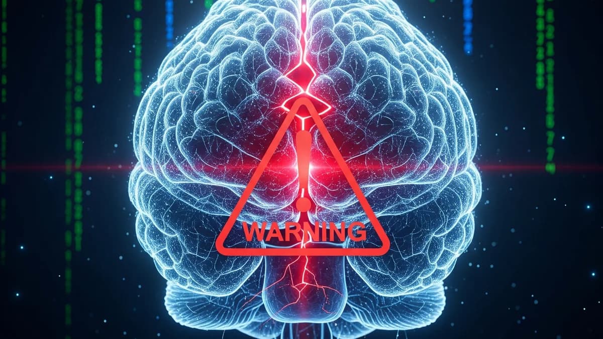Digital illustration of a glowing blue brain split by a red crack, with a red "Warning" triangle over it