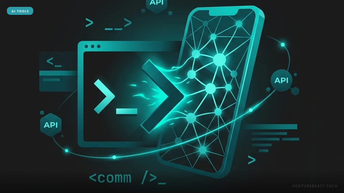Teal illustration of a terminal prompt window streaming into a smartphone covered in a network graph, with API badges