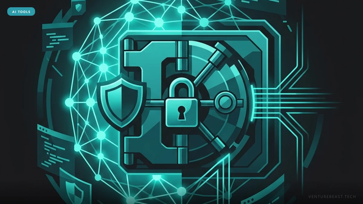 Teal illustration of a locked bank vault door with a padlock and shield, wrapped in a glowing network mesh