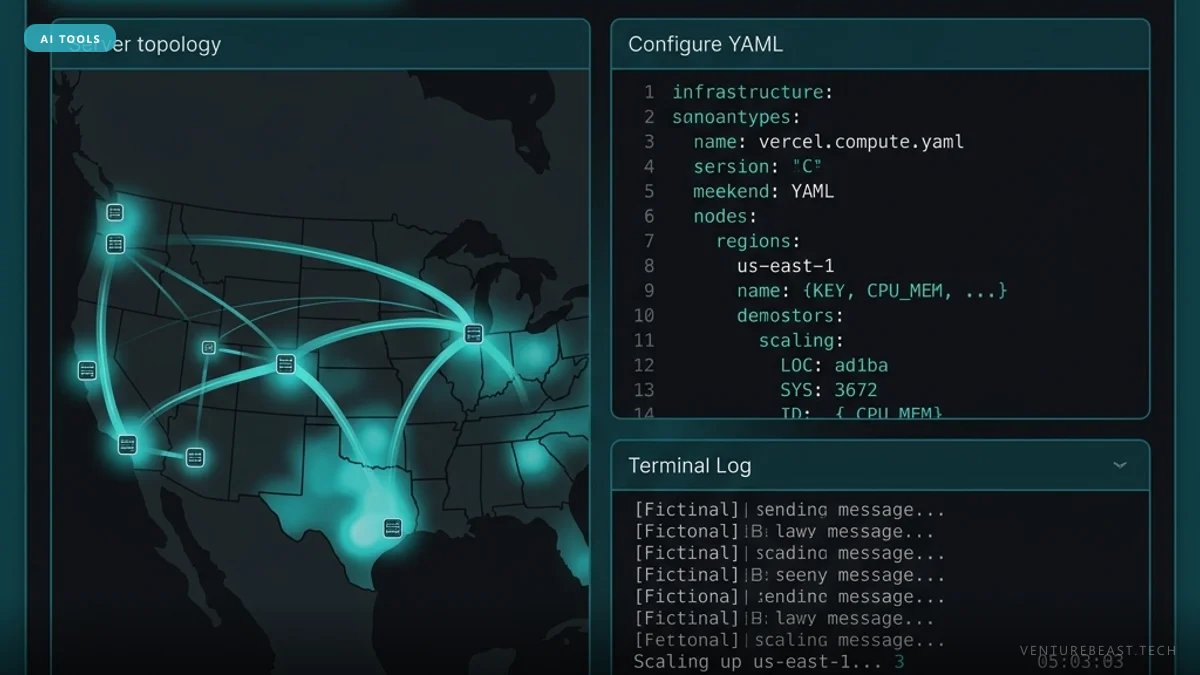 Dark infrastructure console with a US map of glowing data center links, a YAML config panel and a terminal log