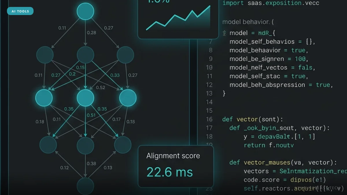 Dark interface showing a weighted neural network diagram, a code panel and an "Alignment score" readout
