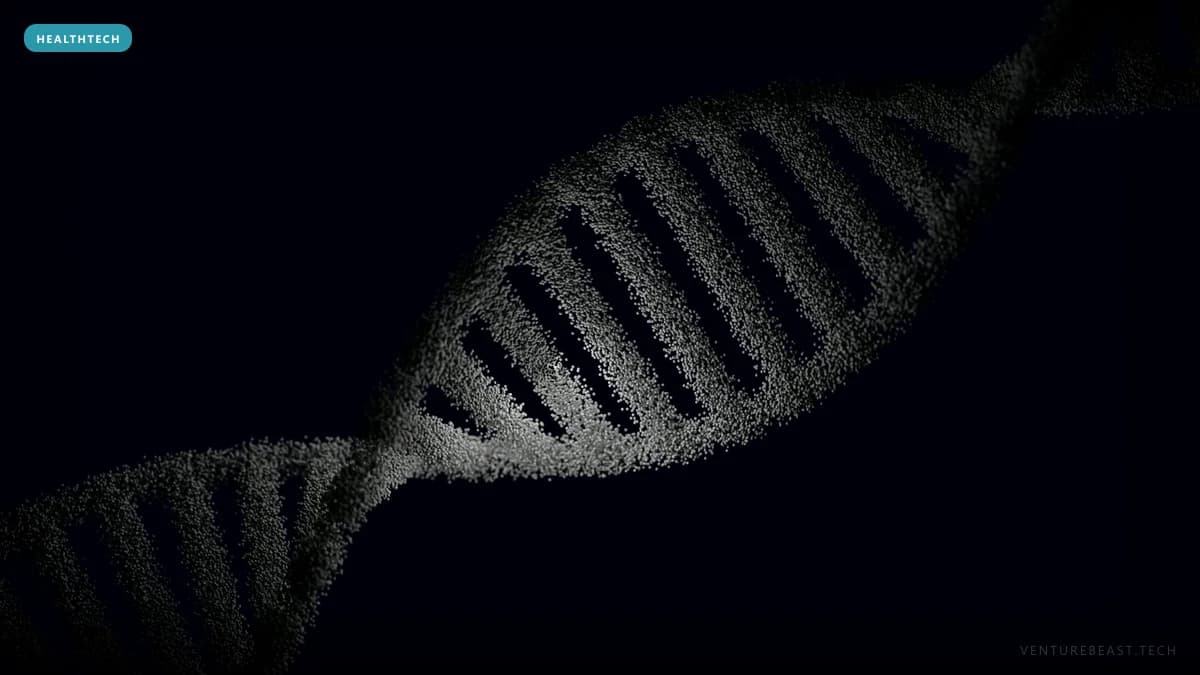 3D render of a gray DNA double helix made of fine particles against a black background