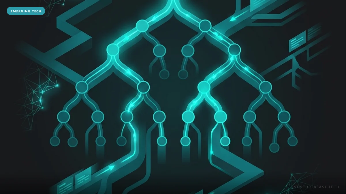 Digital illustration of a glowing teal branching tree of connected nodes on a dark background