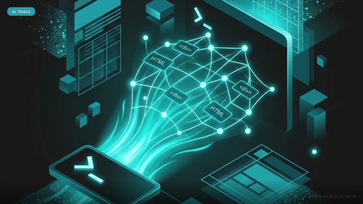 Isometric teal illustration of a glowing web of HTML and div tags streaming from a command-prompt screen