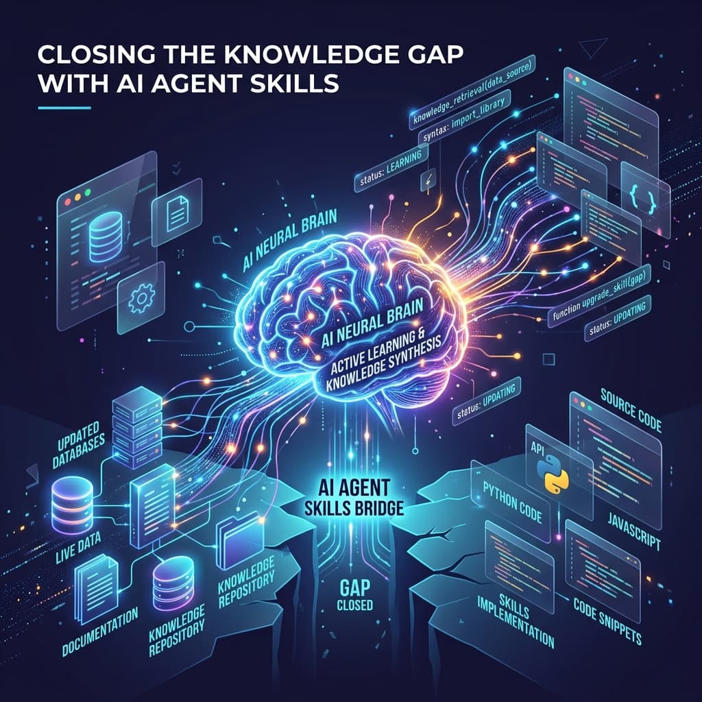 Illustration of a glowing AI brain bridging a chasm between databases and code, headlined "Closing the Knowledge Gap with AI Agent Skills"
