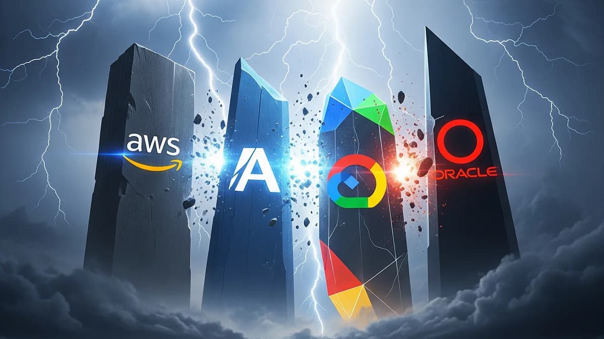 Stormy digital illustration of four monoliths bearing the AWS, Azure, Google Cloud and Oracle logos amid lightning