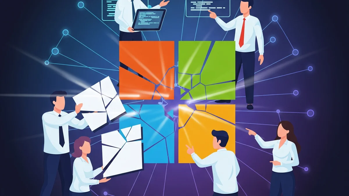 Flat illustration of office workers repairing a cracked four-color Windows logo while carrying away broken shards