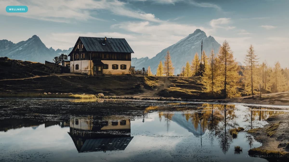 Alpine lodge beside a still mountain lake reflecting golden larch trees and rocky peaks