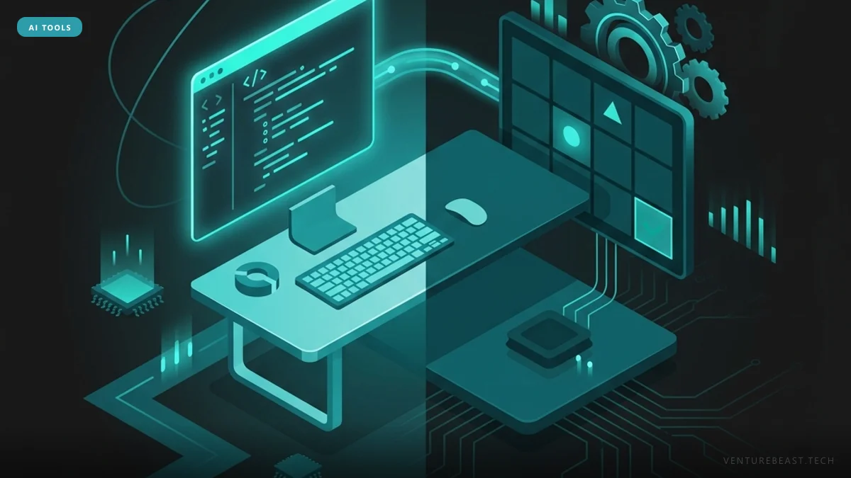 Isometric teal illustration of a desk with a keyboard and floating code and grid windows linked by circuit lines