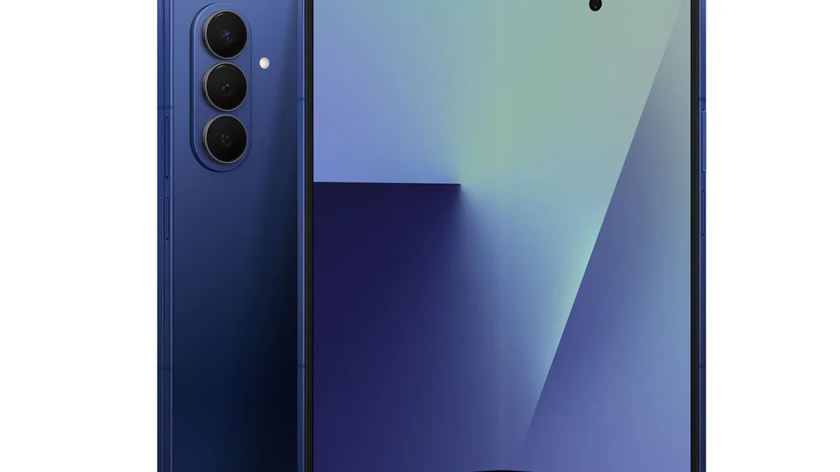 Blue foldable phone shown from the back with a triple camera and from the front with its large inner screen