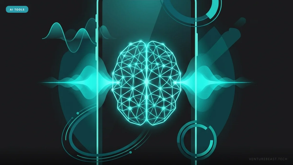 Digital illustration of a glowing teal wireframe brain inside a phone outline, flanked by sound waves