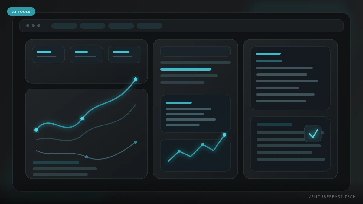Minimal dark illustration of a web app dashboard with teal line charts, text panels and a checkmark