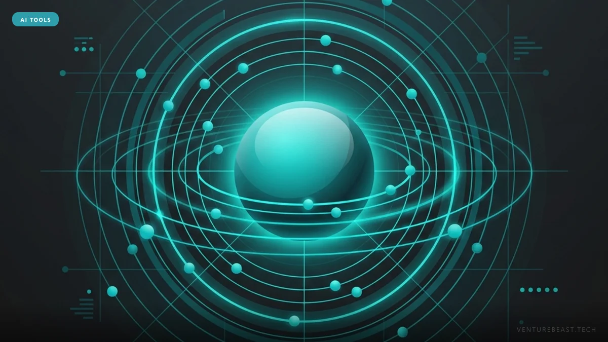 Teal illustration of a glowing sphere encircled by orbital rings and nodes on a dark background