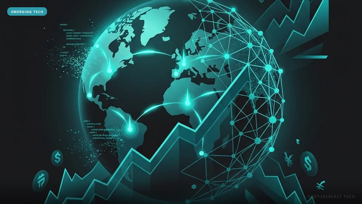Teal illustration of a glowing globe laced with network lines above rising stock charts and currency symbols