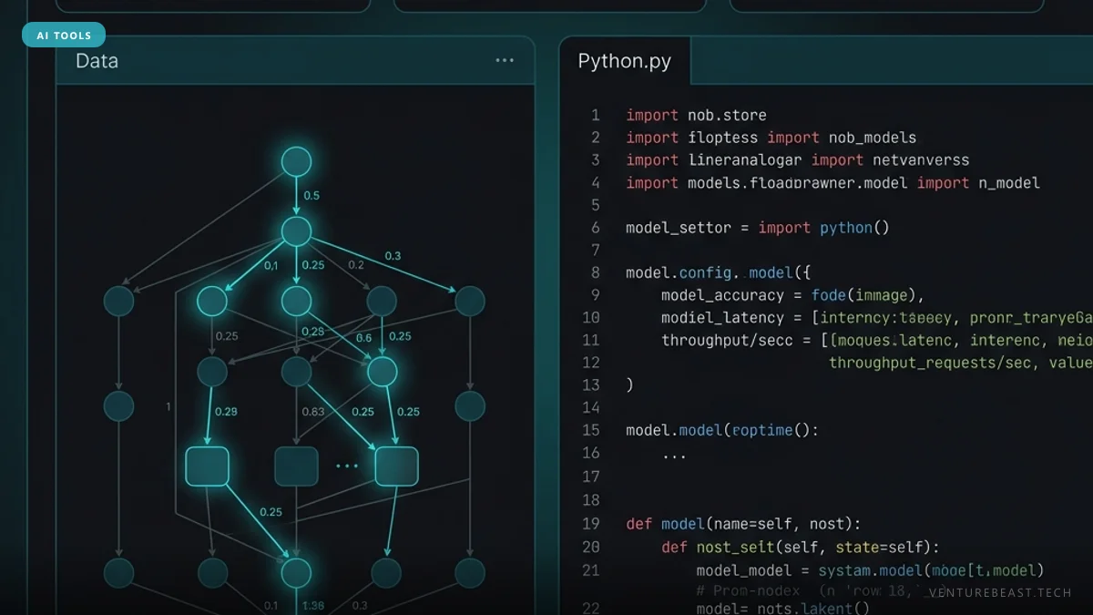 Dark code editor with a node graph panel labeled "Data" beside a Python.py file of model code