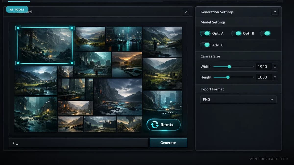 Moodboard app interface with a grid of moody landscape images, a Remix button and a generation settings panel