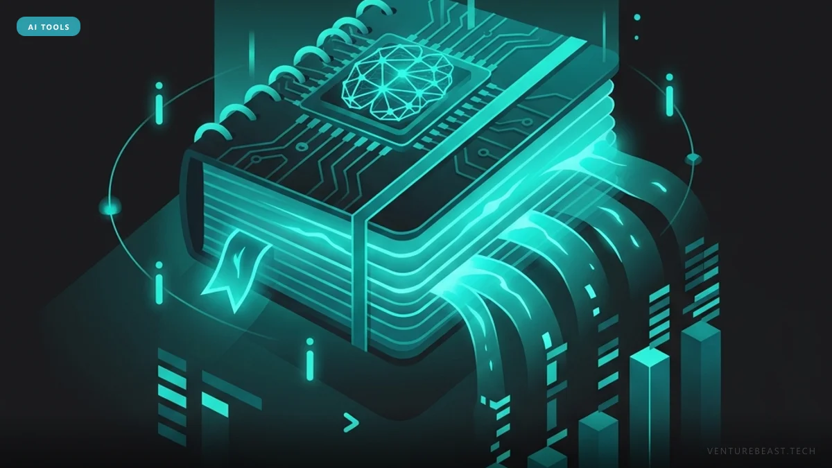Isometric teal illustration of a circuit-covered notebook with a gem icon, its pages streaming into bar charts