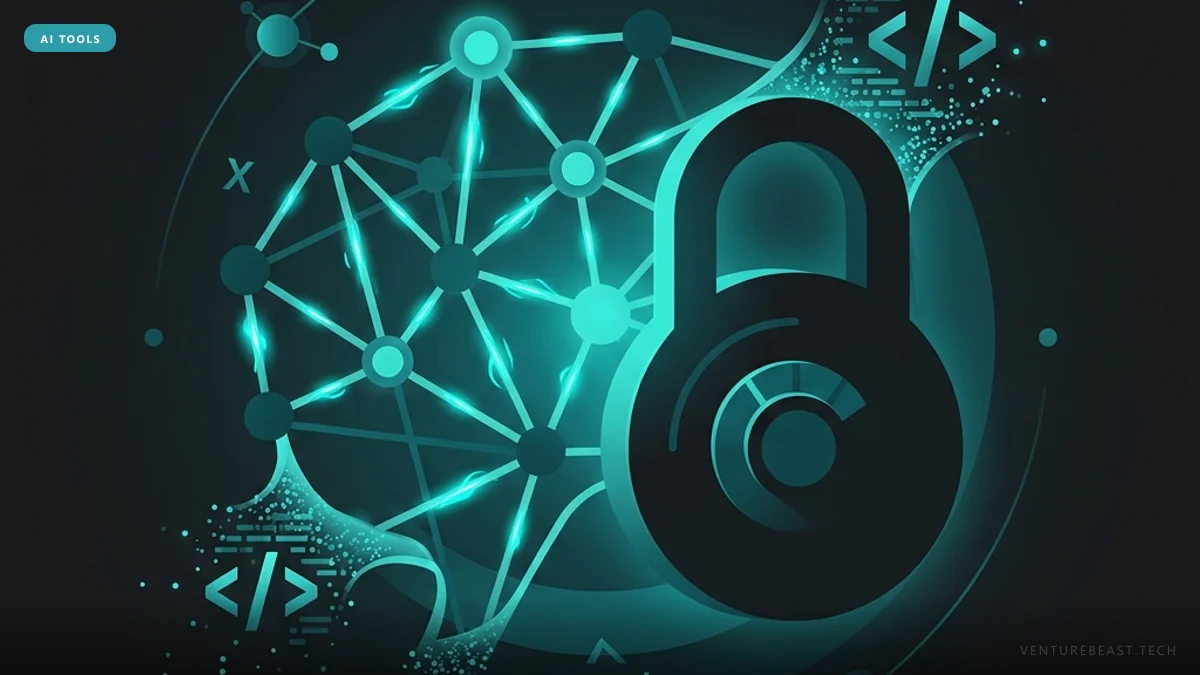 Teal digital illustration of a glowing neural network beside a large padlock with code bracket symbols on a dark background