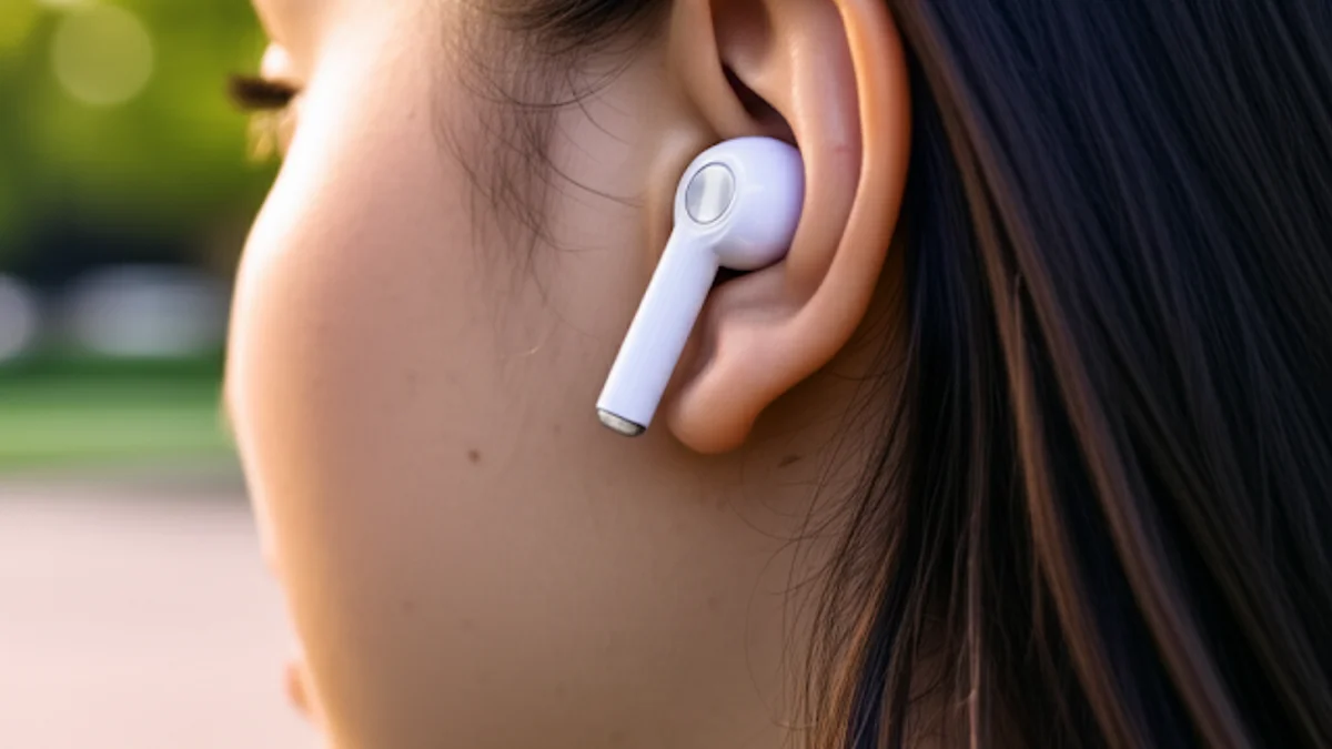 Close-up photo of a woman wearing a single white wireless earbud in her ear, with a blurred park in the background