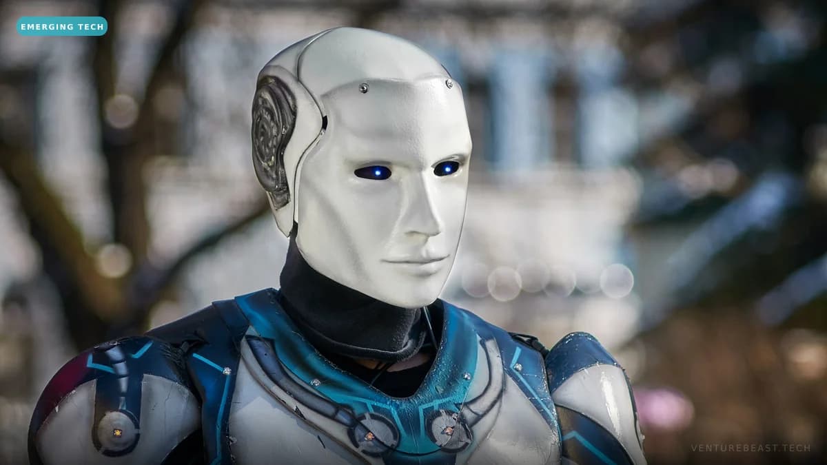 A humanoid robot with a white human-like face and glowing blue eyes, shown from the shoulders up