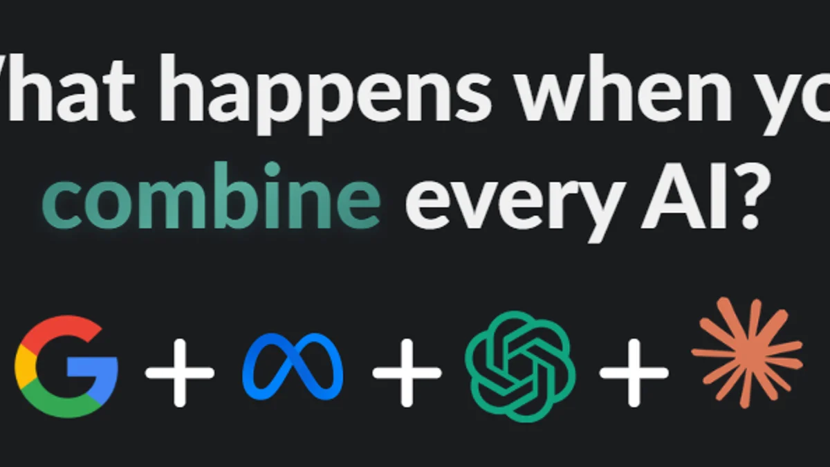 Graphic with the headline "What happens when you combine every AI?" over the Google, Meta, OpenAI and Claude logos joined by plus signs