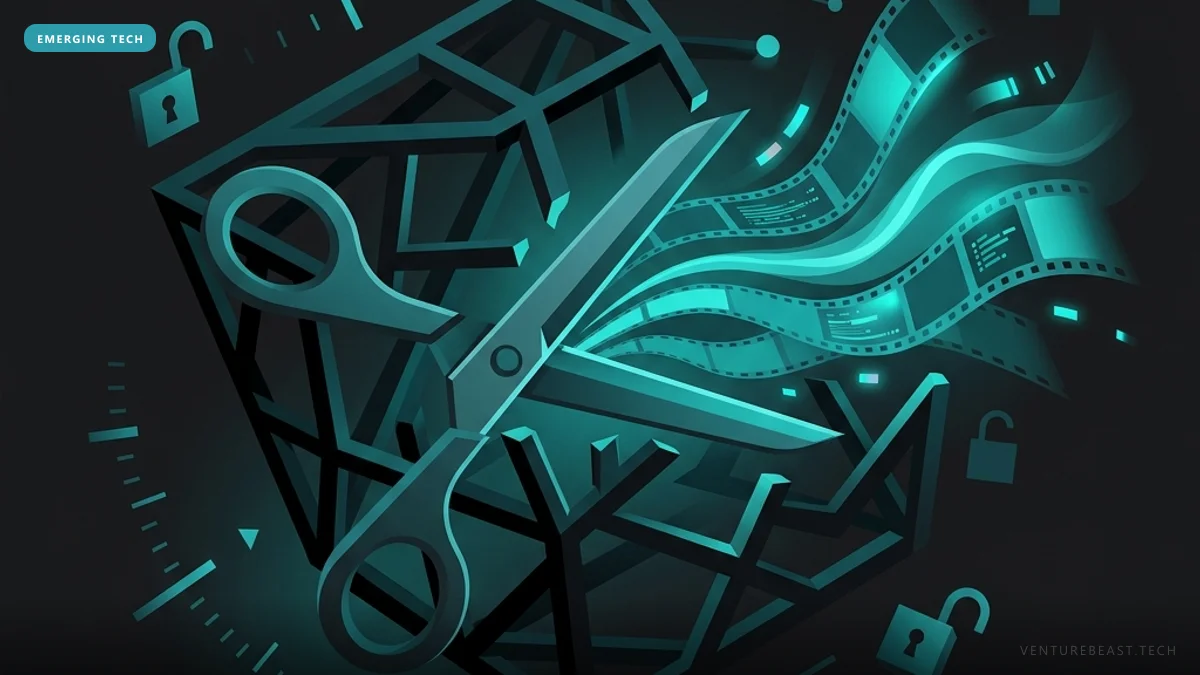 Teal illustration of scissors cutting through a wireframe cage as film strips stream out, surrounded by unlocked padlocks