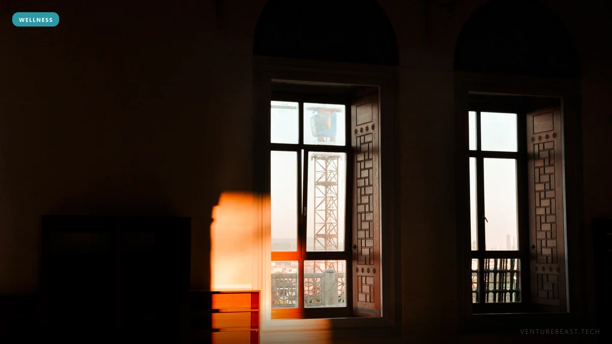 A dim room where warm golden sunlight streams through tall latticed windows onto a wall and dresser