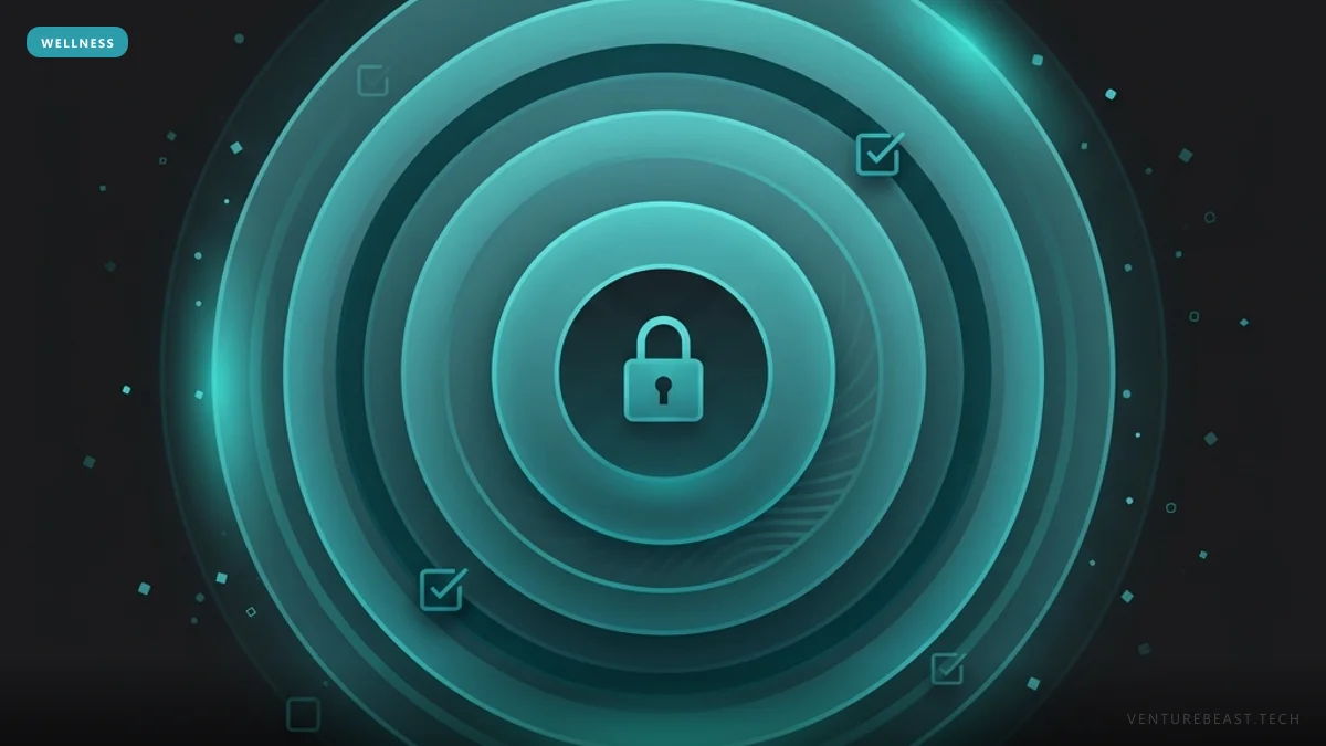 Teal illustration of concentric glowing rings around a padlock, with scattered checkbox icons on a dark background
