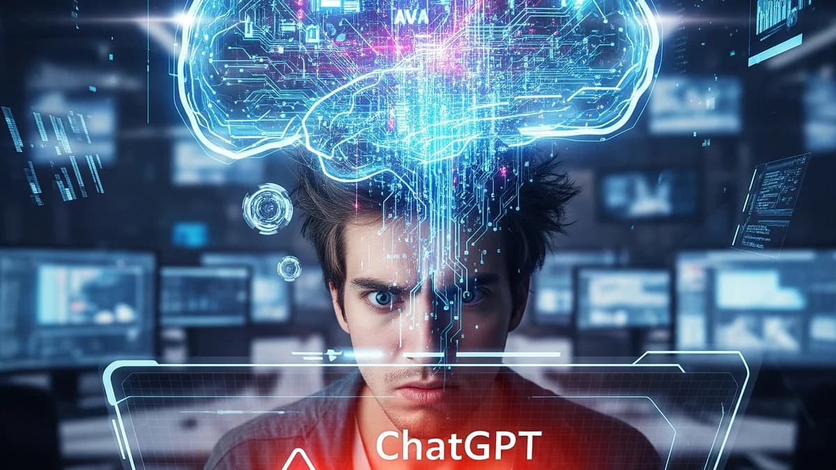 Digital art of an intense young man beneath a glowing circuit-patterned brain, with a red-lit screen labeled ChatGPT and monitors behind