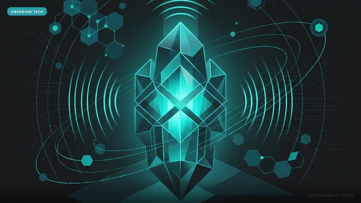 Teal illustration of a glowing faceted crystal emitting signal waves, circled by orbits and hexagon nodes on a dark background