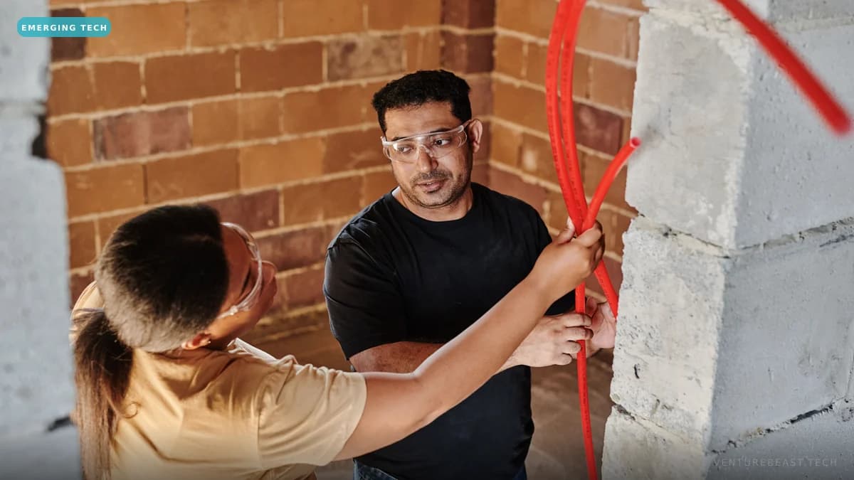 An electrician in safety glasses guiding a trainee as they route red cable along a brick wall
