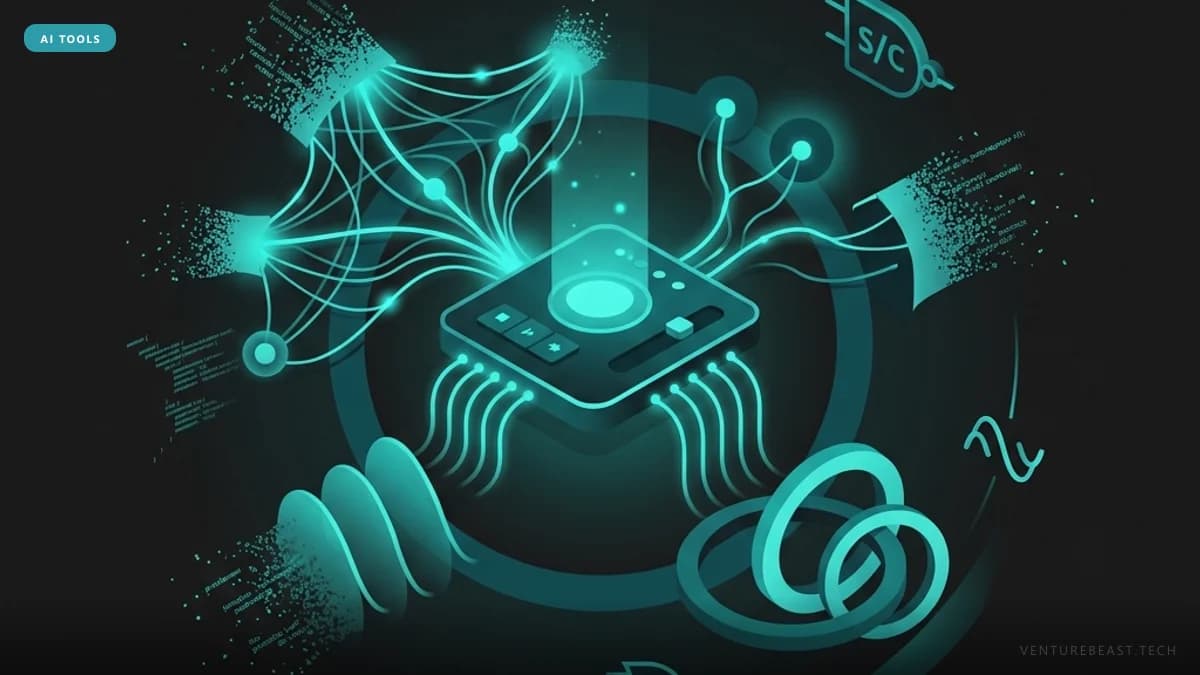 Teal illustration of a central glowing chip with many connected wires fanning out to code snippets and link icons