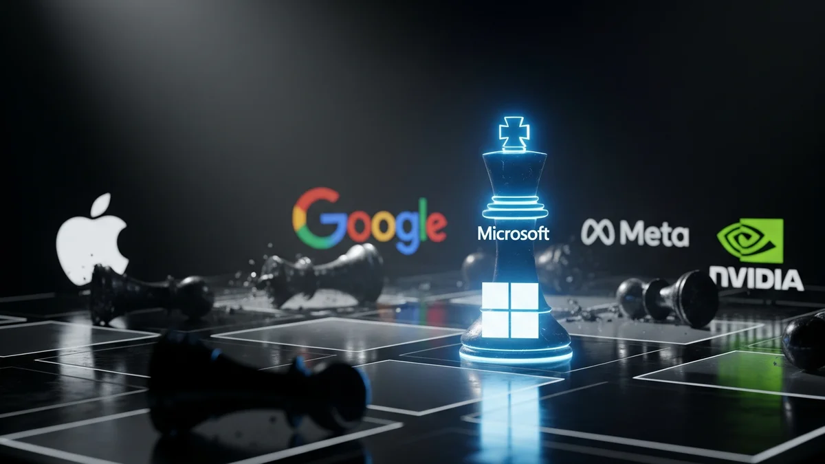 3D render of a glowing Microsoft chess king standing among toppled pieces, with Apple, Google, Meta and Nvidia logos behind