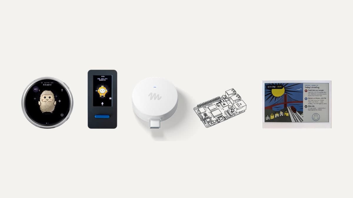 Five Muse gadgets in a row: a round AMOLED screen with a pixel-art avatar, an M5Stack StickS3, the white Muse Home Link USB-C dongle, a Raspberry Pi line drawing and an e-paper display showing a daily briefing