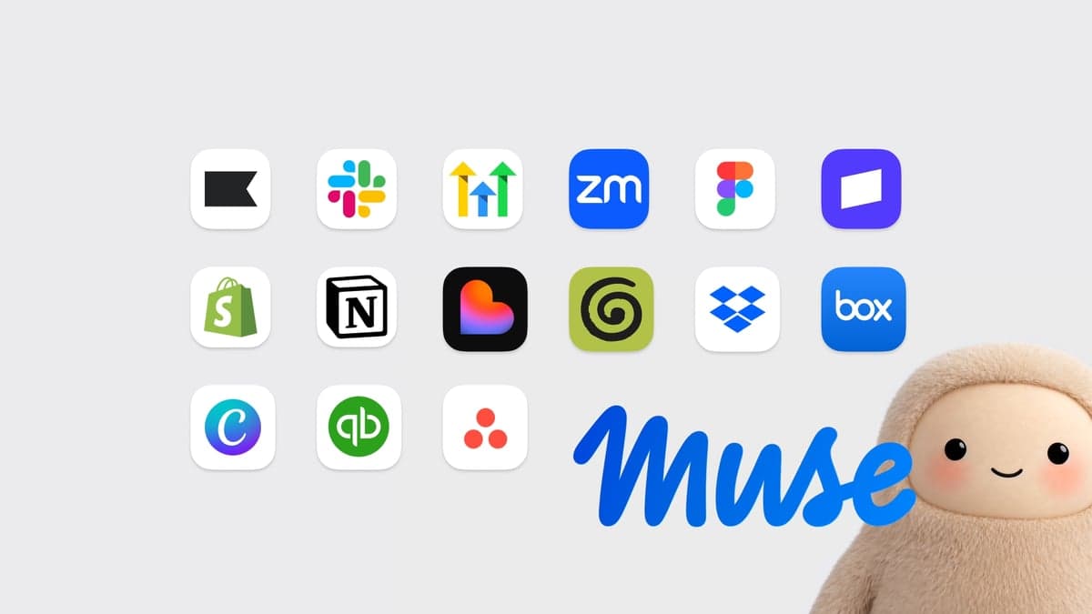Grid of business app icons including Shopify, Slack, Zoom, Notion, Canva and QuickBooks beside the blue Muse wordmark and a fuzzy beige mascot