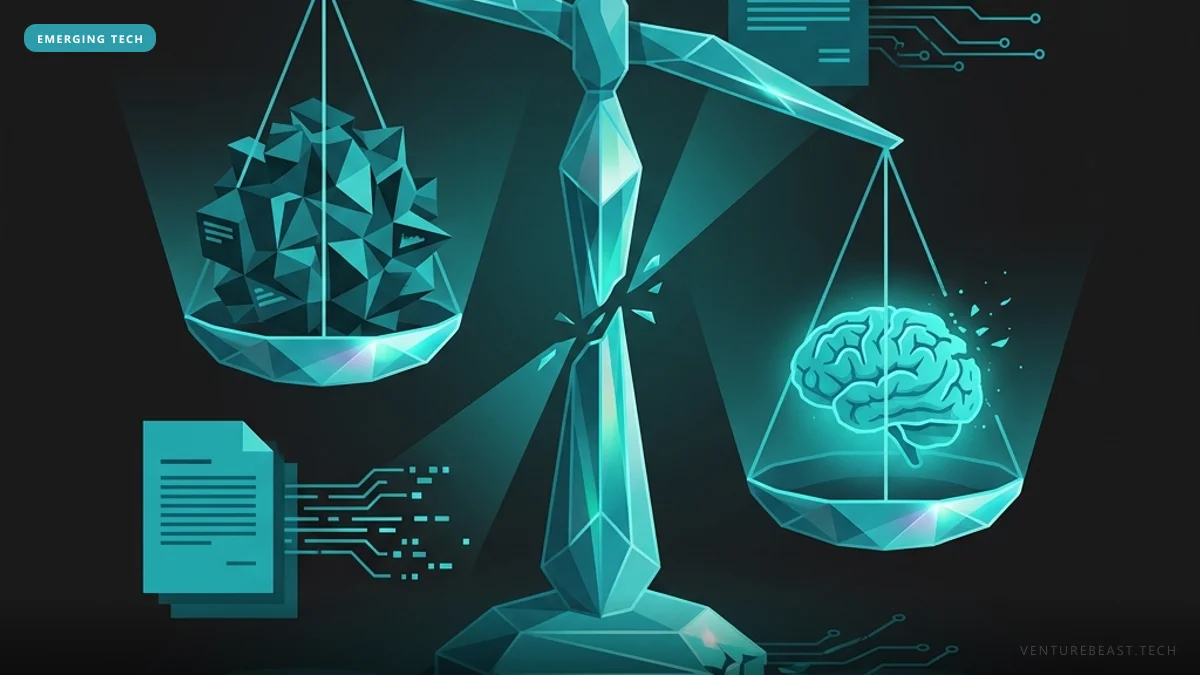 Teal illustration of a cracked balance scale weighing a pile of angular shards against a glowing brain, with documents alongside