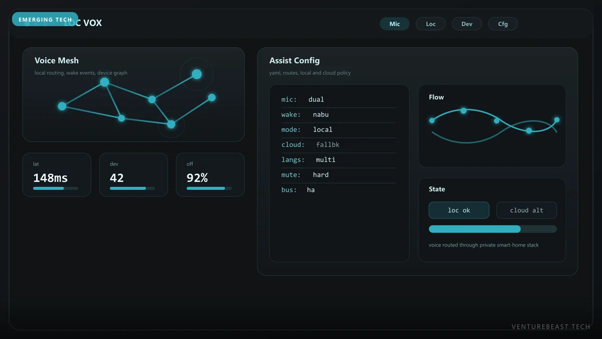 Dark dashboard mockup for a local voice assistant, showing a voice mesh graph, latency stats and a local-first config panel
