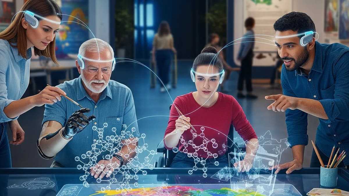 Digital art of four people wearing glowing headbands, one with a robotic hand, collaborating on holographic molecules over a table