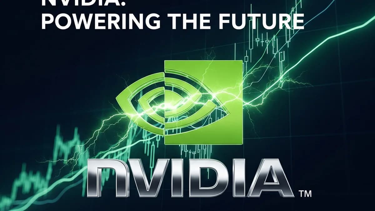 The green Nvidia logo crackling with lightning over rising stock charts, with the headline "Nvidia: Powering the Future"
