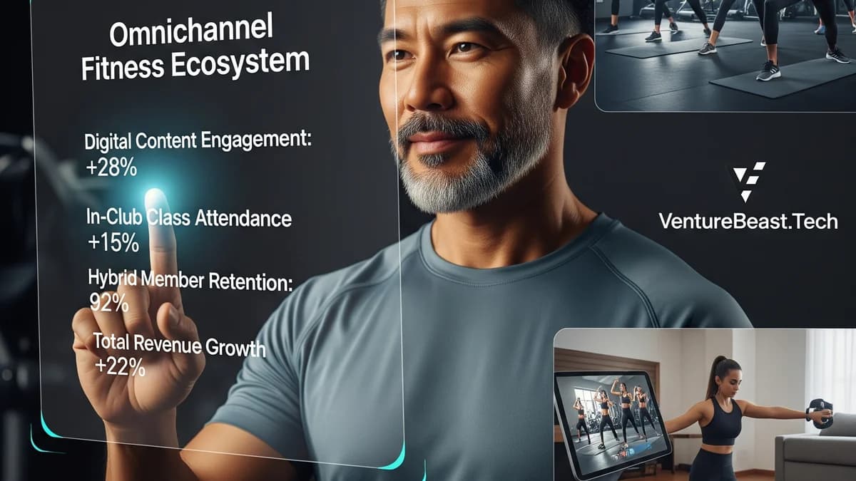 Digital art of a man tapping a transparent display of fitness growth stats, with inset scenes of a gym class and home workout