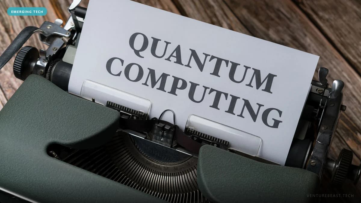 Vintage green typewriter on a wooden table with a sheet of paper typed "QUANTUM COMPUTING"