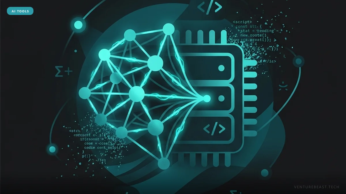 Digital illustration of a glowing teal neural network linked to a server chip, surrounded by code snippets on a dark background