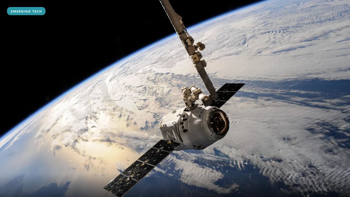 Spacecraft capsule with solar panels held by a robotic arm in orbit above Earth's clouds