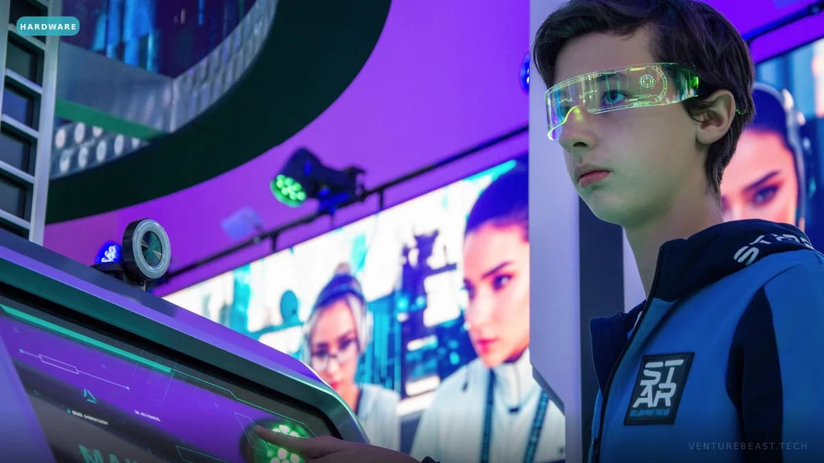 A teenager wearing sleek glowing AR glasses in front of large colourful display screens