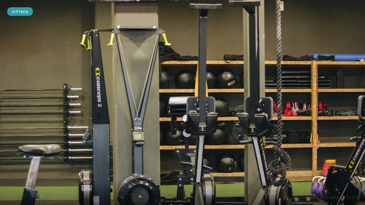 Concept2 rowing and ski machines lined up in a gym in front of shelves stacked with medicine balls